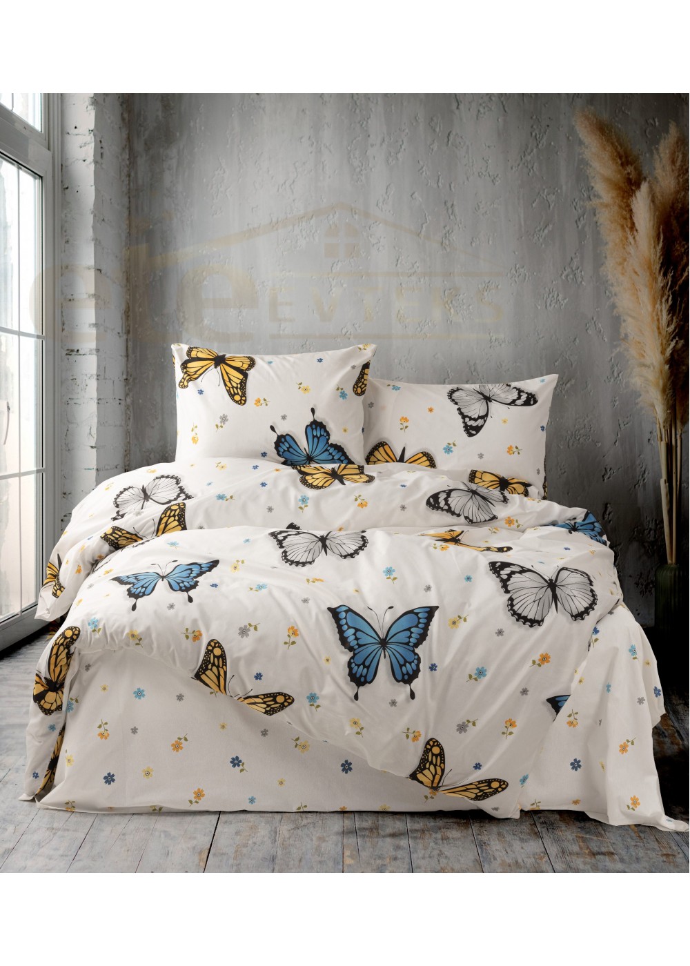 ETEHOMETEX Çift Kişilik Ranforce Pamuklu Lastikli Çarşaflı Nevresim Takımı KELEBEK MAVİ 8696474232058